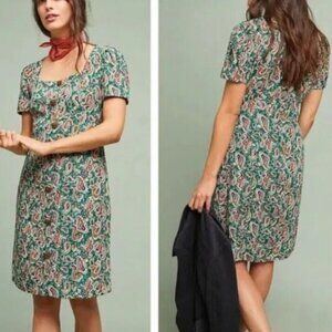 Maeve by Anthropologie Short Sleeve Green Paisley Button Front Mini Dress